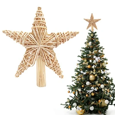 Imagen de BELLE VOUS Adorno Navidad Copa del Árbol 27 x 25 cm Estrella de Hecha a Mano Paja Natural Diseño 3D Decoración para el Hogar, Fiestas Adornos Navideños