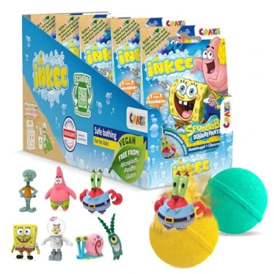Imagen de INKEE Bob Esponja Pack de 5 Bombas baño para niños con sorpresa Figuras coleccionar 5x bolas 80g sabor a chicle y aceite jojoba, turquesa o amarillo
