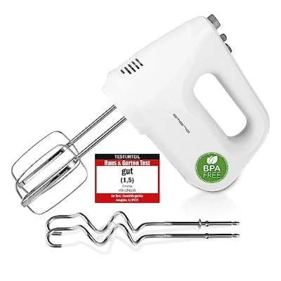 Imagen de EMERIO batidora de mano eléctrica con 250 vatios 6 velocidades y botón turbo batidor extralargo + gancho amasador acero inoxidable sin BPA HM 124178