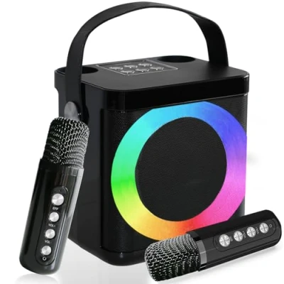 Imagen de máquina de Karaoke, Karaoke portátil con micrófonos inalámbricos para Adultos y niños, Altavoz Bluetooth Sistema PA, Luces LED, Fiesta en casa/KTV, al Aire Libre, Viajes