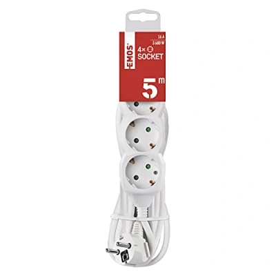 Imagen de EMOS Regleta de 4 enchufes con Cable, Color Blanco, Tomas Corriente 45 Giro, 1,5 mm, Salidas múltiples para protección Infantil, IP20 Interiores 5 m