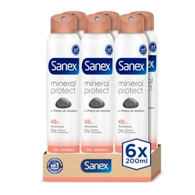 Imagen de Sanex Natur Protect Desodorante Spray, Pack 6 Uds x 200ml, Protección 24H contra el Mal Olor, con Piedra de Alumbre, 0% Alcohol, Sin Alérgenos ni Colorantes, Piel Sensible