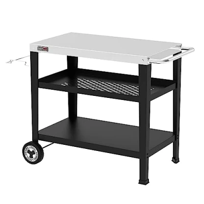 Imagen de Royal Gourmet Carro de Servir 3 Niveles con Soporte para Bolsas Basura, Carrito Cocina, Acero Inoxidable, Mesa Auxiliar Exteriores, Plancha, Barbacoa, Ruedas,