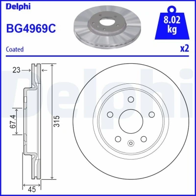 Imagen de DELPHI BG4969C Disco de freno 315 23 5 ventilado revestido sin procesar cojinete rueda, anillo sensor ABS OPEL: Insignia B Grand Sport