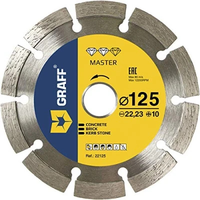 Imagen de GRAFF disco de diamante 125 mm para piedra, hormigón armado, granito, hormigón, corte profesional amoladora angular y flexible, altura segmento 10