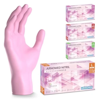 Imagen de ARNOMED guantes nitrilo talla L, rosa, de nitrilo, 100 uds/caja, desechables sin polvo, goma látex, XS, S, M y L