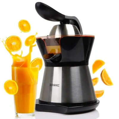 Imagen de Duronic JE304 Exprimidor de Naranjas eléctrico 300W Mango aluminio y cuerpo con tapa acero inox. Depósito BPA Free 2 Conos filtro pulpa ajustable Función antigoteo Fácil uso limpieza