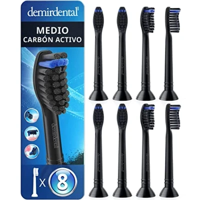 Imagen de Pack con 8 cabezales demirdental compatibles los recambios de Philips Sonicare carbón activo, cepillos dureza media, Negro, corresponde a HX9058mb