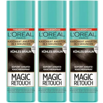 Imagen de L&#039;Oréal Paris Magic Retouch Spray de revestimiento para raíces, color marrón frío, transiciones continuas y naturales, oculta las raíces hasta el próximo lavado, 3 unidades (3 x 90 ml)