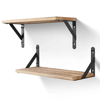 Imagen de AGM Estantes de Pared, Baldas Pared 2 Niveles, 42 cm Largo, Borde Natural, Estante Colgante rústico, para Dormitorio, baño, salón, Cocina, etc (Marrón Claro)
