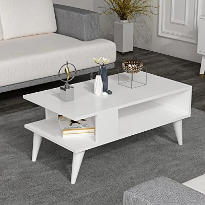 Imagen de [en.casa] Mesa de Centro Rectangular Baja Estable con Estante para Salón Auxiliar Aglomerado 40 x 90 45 cm Blanco