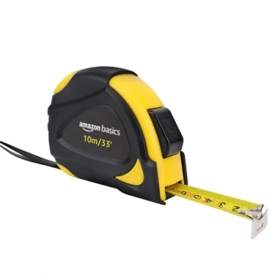Imagen de Amazon Basics Cinta métrica con cierre automático, escala y en pulgadas, precisión MID, 10 m (Paquete de 1), Negro/Amarillo