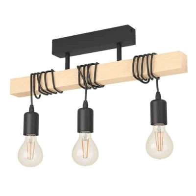 Imagen de EGLO lámpara de Techo Townshend, 3 Bombillas Estilo Industrial, suspensión Retro Acero y Madera, Negro, marrón, Casquillo E27, Certificado FSC
