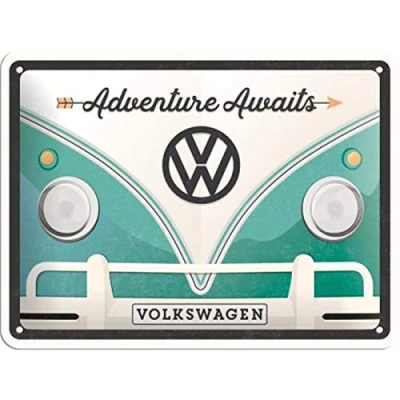 Imagen de Nostalgic Art Cartel de Chapa Retro VW Bulli T1 Adventure Awaits Idea Regalo Furgoneta Volkswagen, metálico, Diseño Vintage, 15 x 20 cm