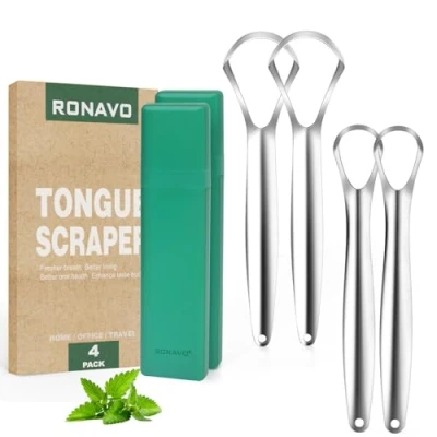 Imagen de RONAVO Limpiador de Lengua para adultos y niños, con práctico estuche viaje, cuidado bucal saludable, combate el mal aliento, fácil usar lavar, 2 tamaños (4 PC)
