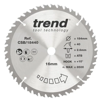 Imagen de Trend CraftPro Hoja de sierra TCT corte transversal, 184 mm x 40 dientes 16 diámetro interior, punta carburo tungsteno, CSB/18440