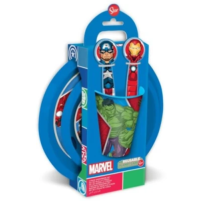 Imagen de Marvel Juego de vajilla 5 piezas rojo y azul plástico Avengers Hulk Iron Man Capitán América Thor platos vaso cubiertos