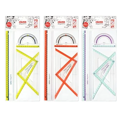 Imagen de Herlitz Juego de geometría, kit escolar 4 unidades: 2 escuadras, regla, transportador ángulos, colores surtidos para diestros y zurdos, plástico resistente al impacto 11368222