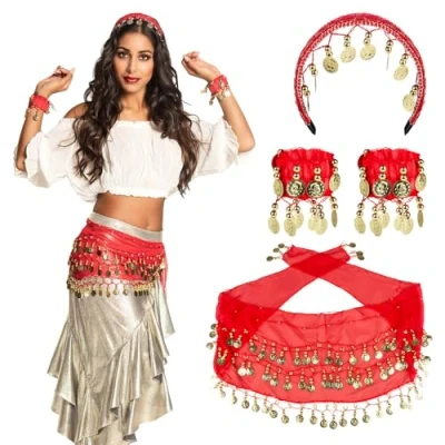 Imagen de Boland 00458 Set Gitano Rojo cinta para el pelo pulsera pañuelo de cadera danza del vientre oro monedas cuentas swing baile carnaval halloween fiesta disfraces teatro accesorio