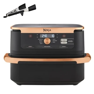 Imagen de Ninja Foodi FlexDrawer Freidora de Aire Dual Zone, 10.4L, Air Fryer, 7 en 1, sin Aceite con 2 Cestas y Divisor Extraíble, Asa, Hornea, Frie, Pinzas Incluídas, Negro Cobre, AF500EUCP