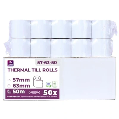 Imagen de Papel térmico 57mm x 50m 12mm ideal para todas las cajas registradoras y TPV Rollos impresora térmica (57x55x12) Blanco Sin BPA (50 Rollos)