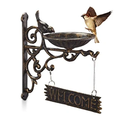Imagen de Relaxdays Bebedero Pájaros Hierro Fundido Welcome, Decoración Jardín, Montaje Pared, Retro, Fuente Aves, Color Bronce