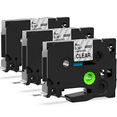 Imagen de MarkField Cinta de etiquetas Compatible con Brother P Touch TZ TZe 121 Transparente PT H105 H101C H100LB/R 1000 1010 D400 D200 E100, negro sobre Clear, 0.35in 9mm x 8m, 3 Pack