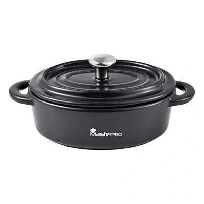 Imagen de MasterPro Cook &amp; Share Mini Cocotte Ovalada con Tapa de 16 x 9.8 4.5/6.4 cm, Ideal para Compartir, Fabricado en Gres Interior y Exterior Esmaltado Negro, Apta Lavavajillas Horno
