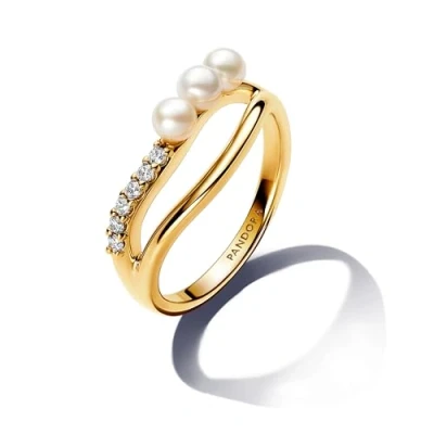 Imagen de PANDORA Essence Anillo chapado en oro de 14 quilates con perla blanca cultivada agua dulce tratada y circonita cúbica transparente, talla 58