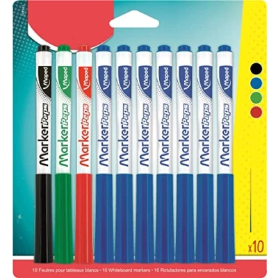 Imagen de Maped Marker&#039;Peps Caja de 10 rotuladores borrables en seco, fieltro punta media 1,5 mm, color: azul x7, negro x1, rojo x1 y verde