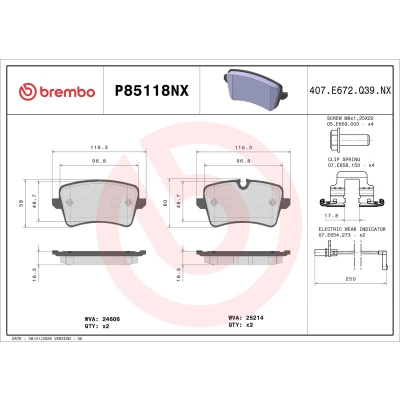 Imagen de BREMBO P85118NX Juego de pastillas freno con contacto avisador desgaste tornillos pinza freno, Chapa antichirridos accesorios