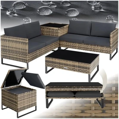 Imagen de tectake® Conjunto Jardín de Ratán con Cojines Gruesos, Muebles Exterior 2 Sofás, 1 Mesa Cristal, Caja Almacenamiento, Terraza Resistente a la Intemperie, Estructura Acero natural