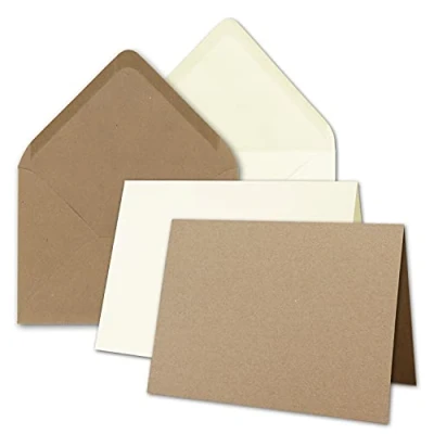 Imagen de Juego de 40 tarjetas plegables con sobres más grandes que DIN B6, tamaño grande, color crema y papel kraft marrón, sobres.