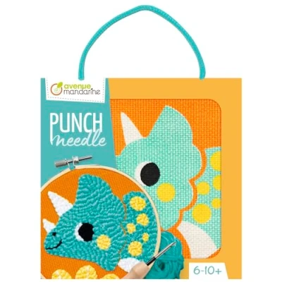 Imagen de Avenue Mandarine KC162C Cuadro de bordar punch needle, kit punto cruz infantil a partir 6 años Dinosaurio para coser tejido 18 x cm, aguja plástico,