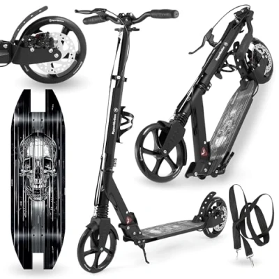 Imagen de HyperMotion Patinete Plegable para Adultos y Niños Desde 6 Años, Aluminio Ligero, Ruedas Grandes de Caucho, Freno Doble, Suspensión Diseño Moderno con Calavera, hasta 100 kg