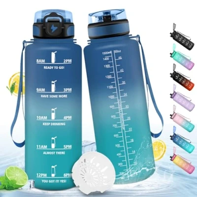 Imagen de Honeyholly Botella Agua, Motivacional 1,5 Litro, Agua Gimnasio, Marcador de Tiempo, Cantimplora, Prueba Fugas, Reutilizable, Gym, para Escuela Camping Fitness