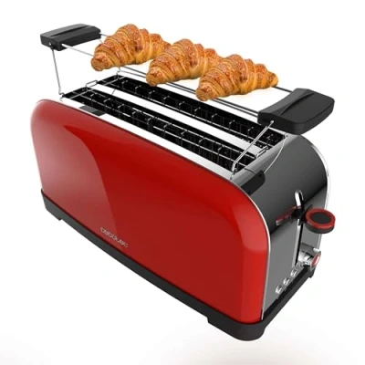 Imagen de Cecotec Tostadora Vertical 2 Ranuras Largas Toastin&#039; Time 1500 Red. W, 4 Rebanadas de Pan, Ranura Ancha 3,8 cm, Soporte para Panecillos y Bandeja Recogemigas, Acero Inox Rojo