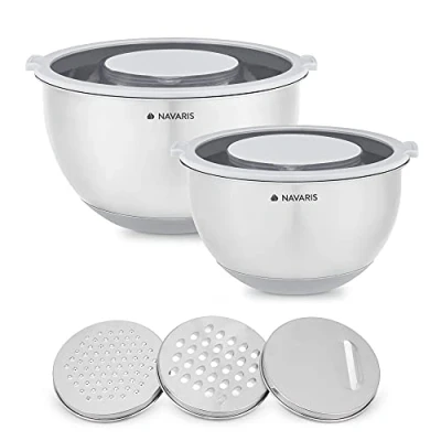 Imagen de Navaris Set de 2x cuenco acero inoxidable Juego boles cocina con 2 x tapa y 3x rallador Cuencos base silicona antideslizante