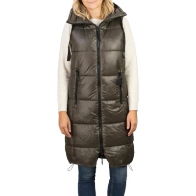 Imagen de DENIMFY Chaleco acolchado largo con capucha para mujer, corte regular, hasta la rodilla, cremallera, bolsillos, otoño, invierno, beige, negro, verde, S, M, L, XL, XXL, Verde ágave., XXL