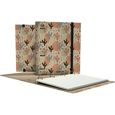 Imagen de Unipapel Archivador 4 Anillas Ecológico A4 Incluye Recambio 100 Hojas Recicladas 90g Cuadriculadas 5x5 Bandas de Color Uninature Design Cactus FSC Recycled 100% Carpebook