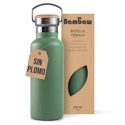 Imagen de Bambaw Botella térmica 500ml, agua verde, acero inoxidable gimnasio, Termo Verde salvia