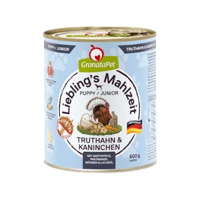 Imagen de GranataPet Lieblings&#039;s Mahlzeit Pavo &amp; Kaninchen Junior, Comida húmeda para Perros, Perros sin Cereales y azúcares añadidos, pienso Completo, 6 x 800 g