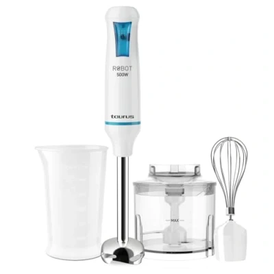 Imagen de Taurus Batidora de mano Robot 500 Plus Inox, Picadora eléctrica 500W potencia, Cuchilla acero inoxidable, Sistema anti salpicaduras, Turbo Rotation System, Ergonómico, Incluye accesorios