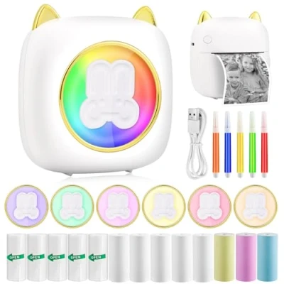 Imagen de GuKKK Mini Impresora para Movil, Fotográfica, Portátil Bluetooth Termica, Inalámbrico Térmica con LED de 7 Colores, Movil Fotos, Fotos Nota