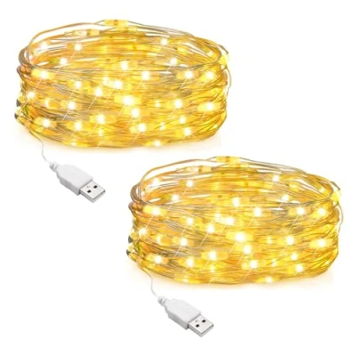 Imagen de SALCAR Cadena de luces LED alambre, 2 unidades, 10 m, 100 ledes, USB, alambre cobre, para interior y exterior, Navidad, fiesta, blanco cálido