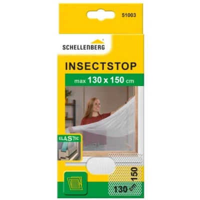 Imagen de Schellenberg 51003 Mosquitera de protección elástico para ventanas, lavable, Montaje rápido y sencillo desde el interior, sin taladros, Incluye banda fijación, Blanco, max. 130 x 150 cm