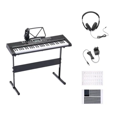 Imagen de Amazon Basics Teclado de Piano Digital Portátil 61 Teclas para Principiantes, Altavoces Incorporados, 255 Timbres y Ritmos, 50 Canciones Demostración, Atril Auriculares Incluidos Negro