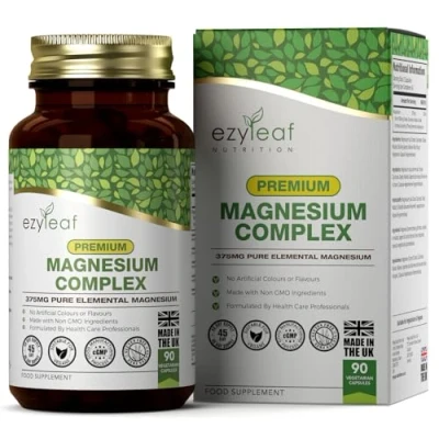 Imagen de Ezyleaf Complejo de Magnesio 375mg Elemental Puro por Porción Glicinato Magnesio, Malato y Citrato 90 Cápsulas Veganas Libre Alérgenos Gluten