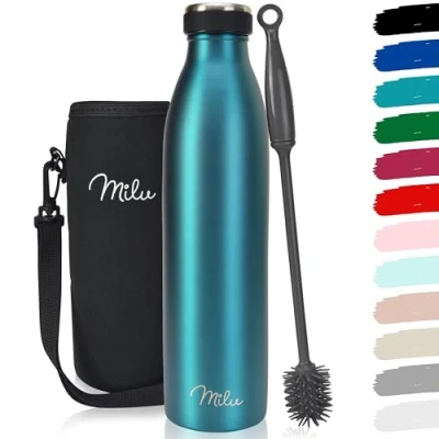 Imagen de Milu Termo Botella de Agua 500ml, 750ml, 1l Acero Inoxidable Aislamiento Vacío Doble Pared Libre BPA (Verde, 750ml)