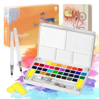 Imagen de Juego de Acuarelas Profesionales, 36 Colores Set Pintura Acuarela, Kit para Niños, Principiantes, Artistas y Aficionados a la Pintura, con 12 Papeles+2 Pinceles+Paleta